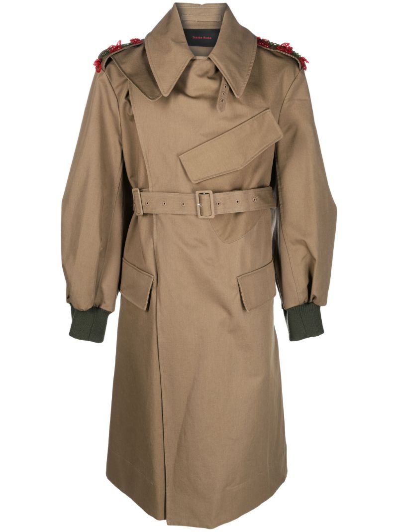 Green Beaded Double Buckle Trench Coat