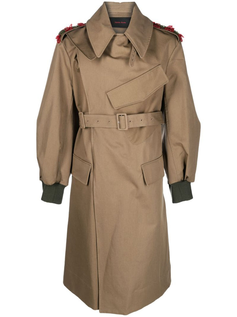 Green Beaded Double Buckle Trench Coat