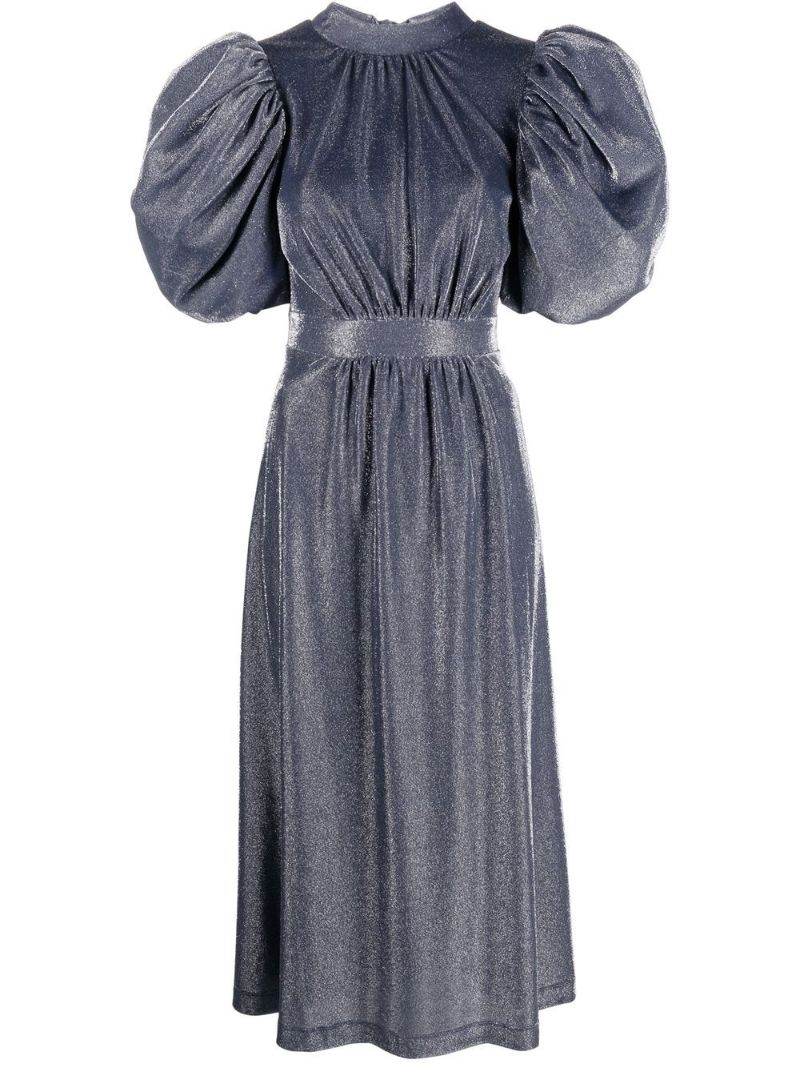 Blue Puff-sleeve Midi Dress
