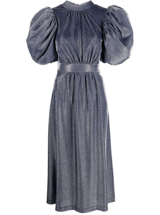 Blue Puff-sleeve Midi Dress