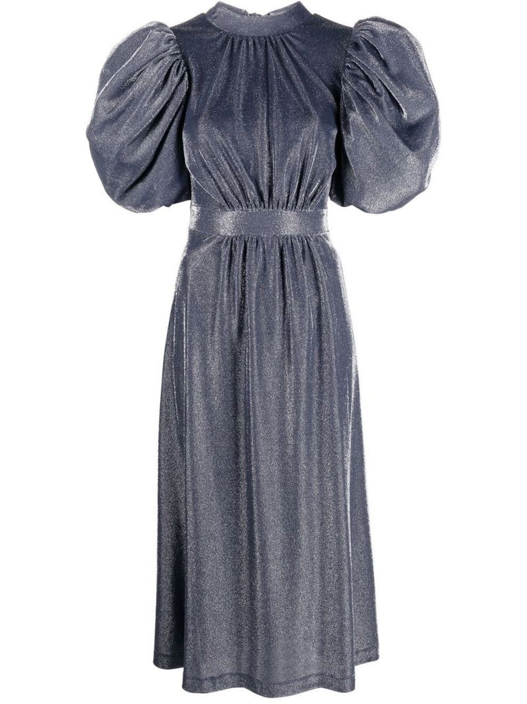 Blue Puff-sleeve Midi Dress