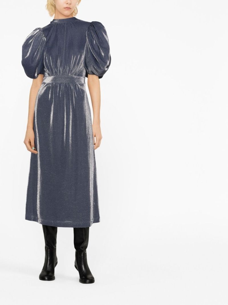Blue Puff-sleeve Midi Dress