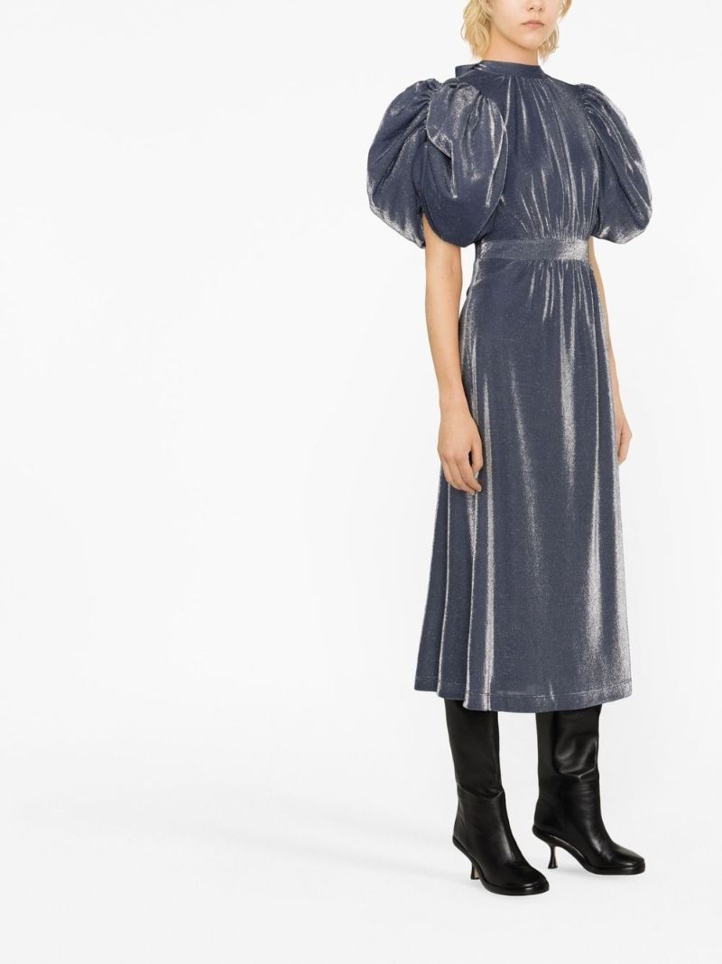 Blue Puff-sleeve Midi Dress
