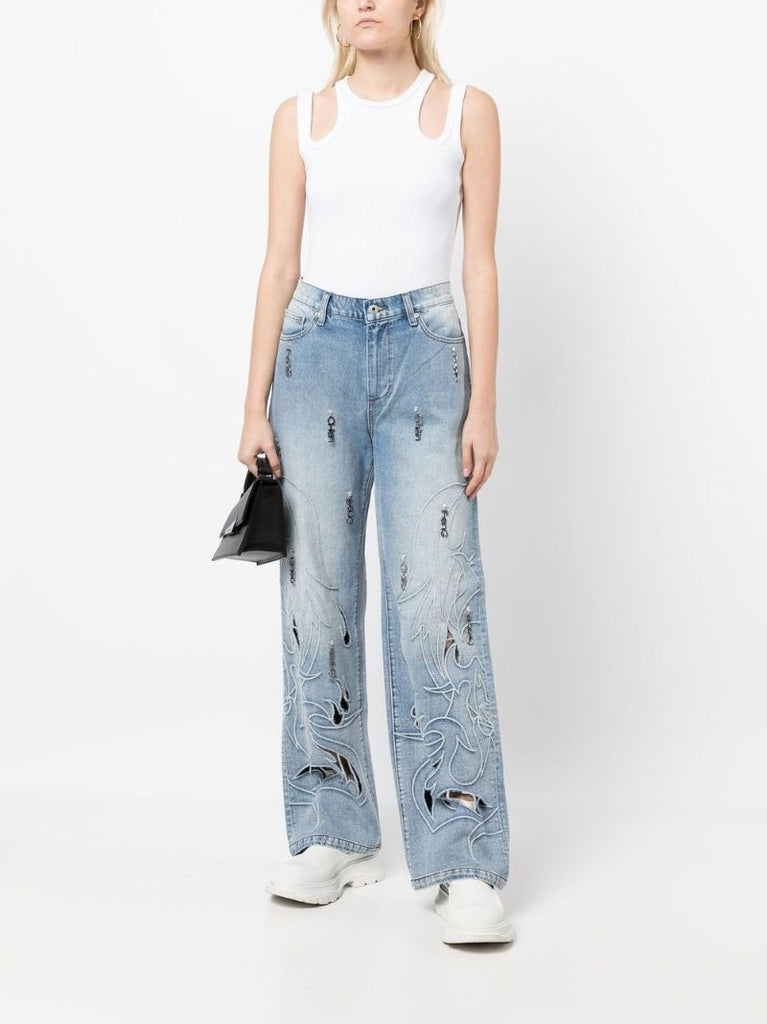 Blue Phoenix Cut-out Wide-leg Jeans