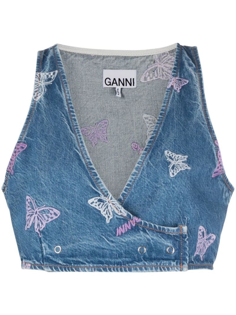 Blue Butterfly Embroidered Organic Cotton Top
