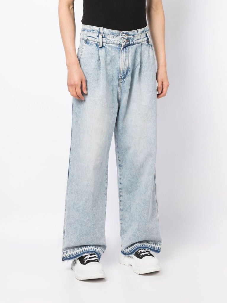 Blue Double Waistband Wide-leg Jeans