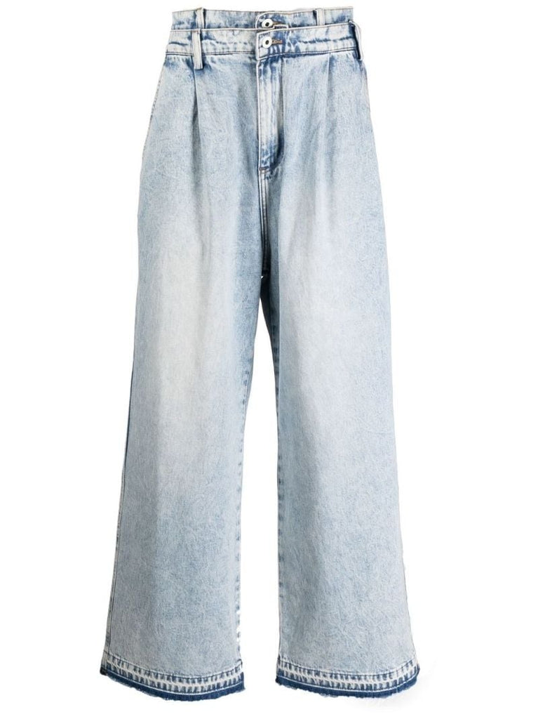 Blue Double Waistband Wide-leg Jeans