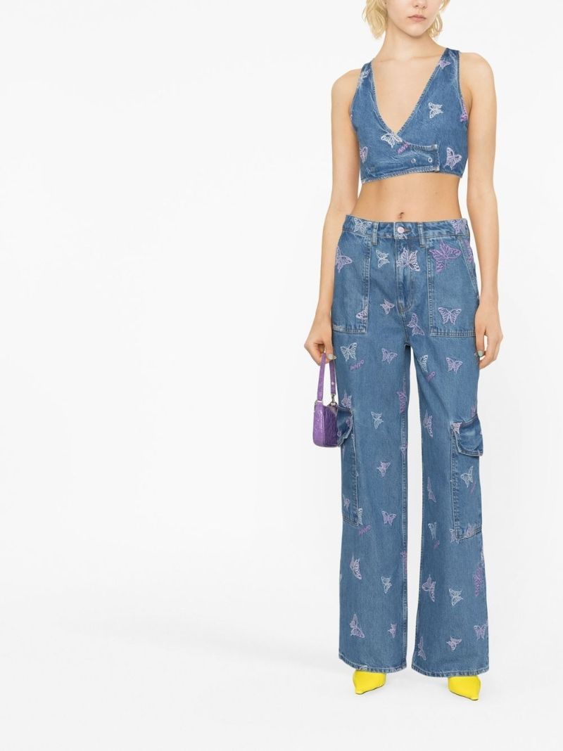 Blue Angi Butterfly Embroidered Cargo Jeans