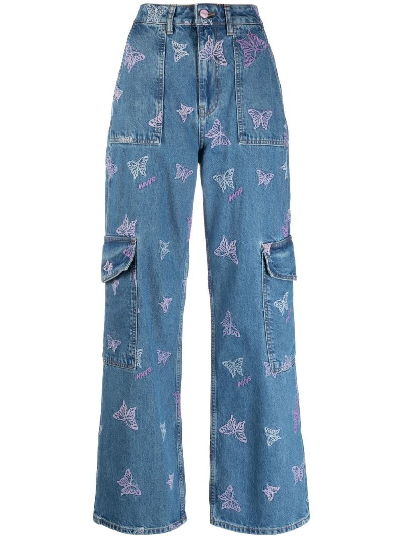 Blue Angi Butterfly Embroidered Cargo Jeans