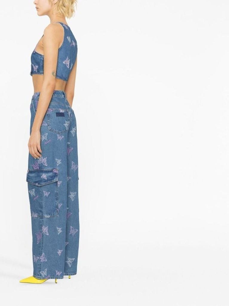 Blue Angi Butterfly Embroidered Cargo Jeans