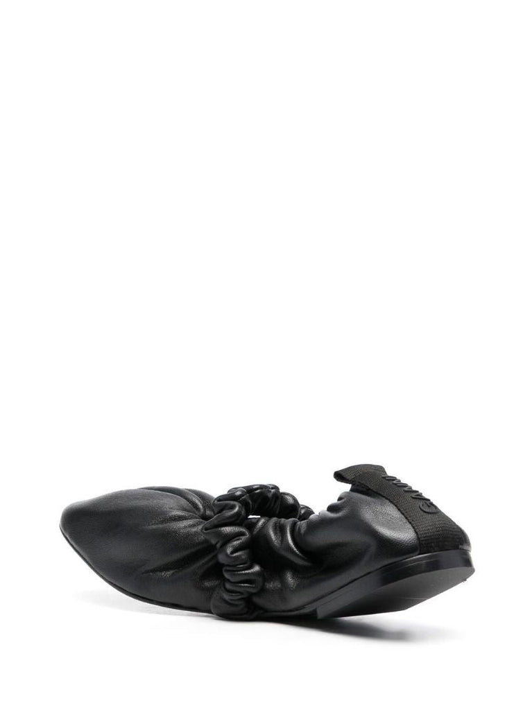 Black Scrunchie Leather Ballerina Shoes