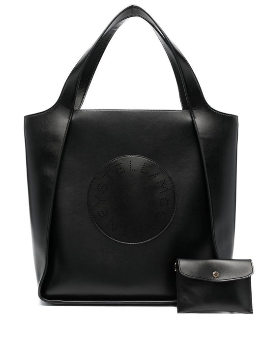 Black Logo Faux Leather Tote Bag