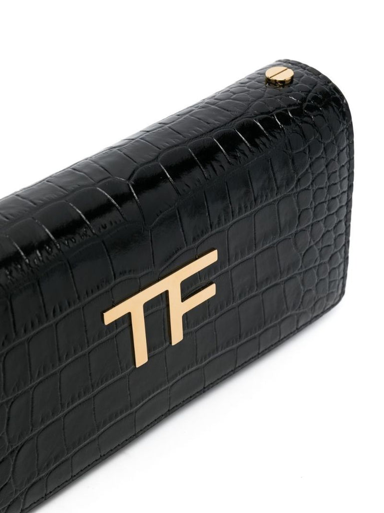 Black Tf Crocodile Embossed Leather Shoulder Bag