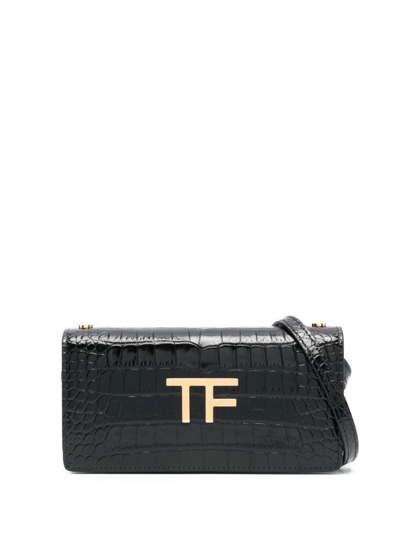Black Tf Crocodile Embossed Leather Shoulder Bag