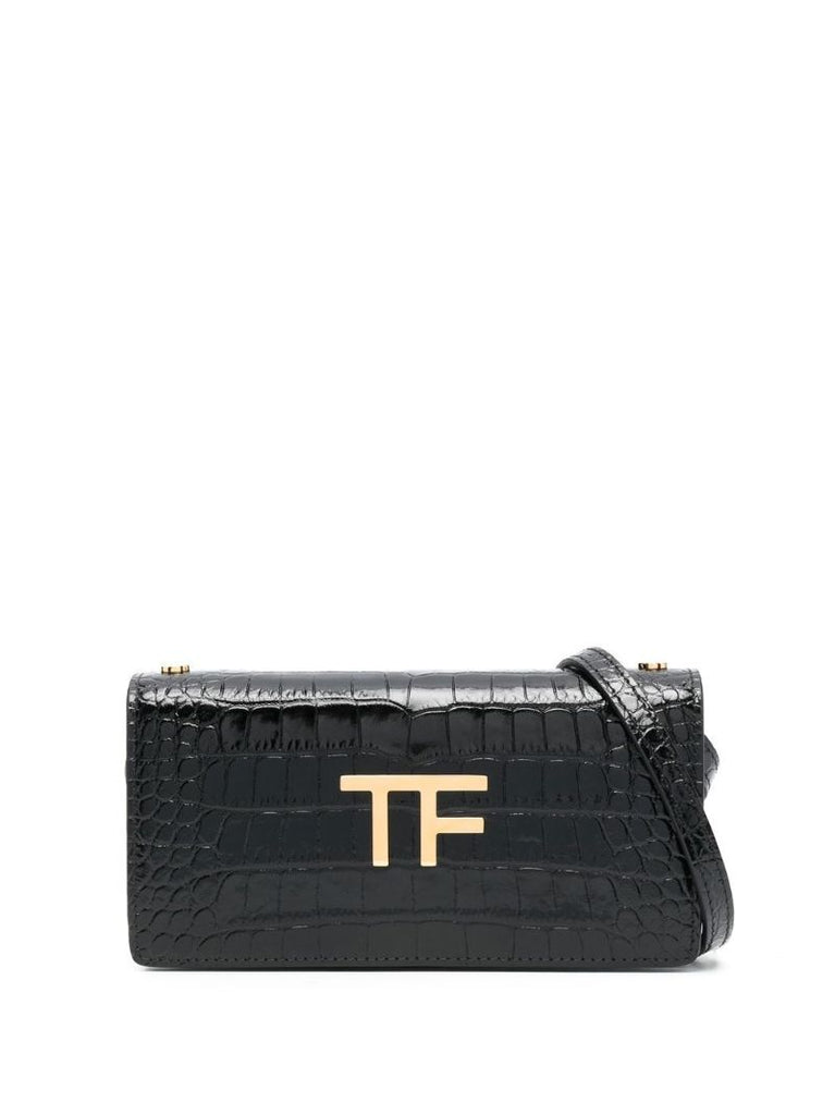 Black Tf Crocodile Embossed Leather Shoulder Bag