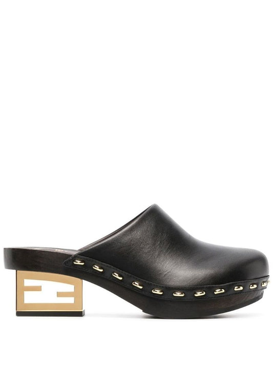 Black Logo Heel Leather Mules