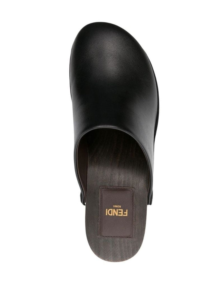 Black Logo Heel Leather Mules