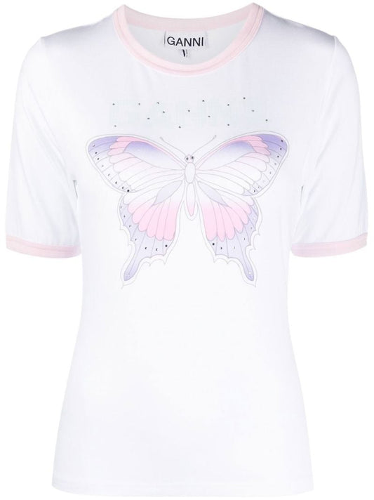 White Embellished Butterfly Print T-shirt