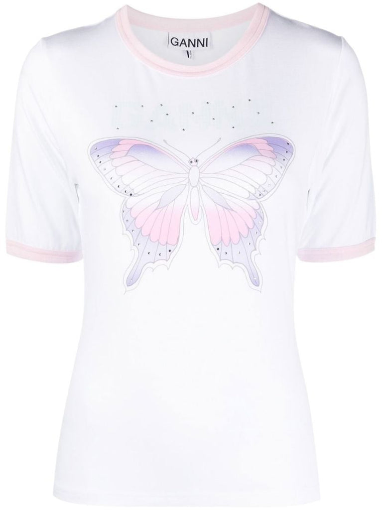 White Embellished Butterfly Print T-shirt