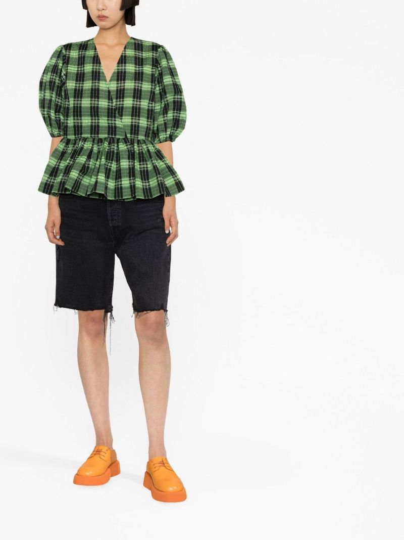Green Check Seersucker Wrap Blouse