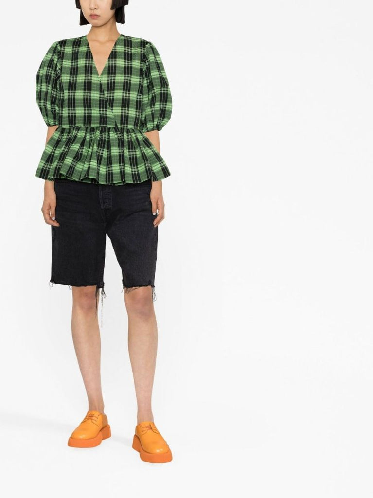 Green Check Seersucker Wrap Blouse