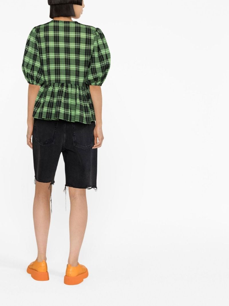 Green Check Seersucker Wrap Blouse