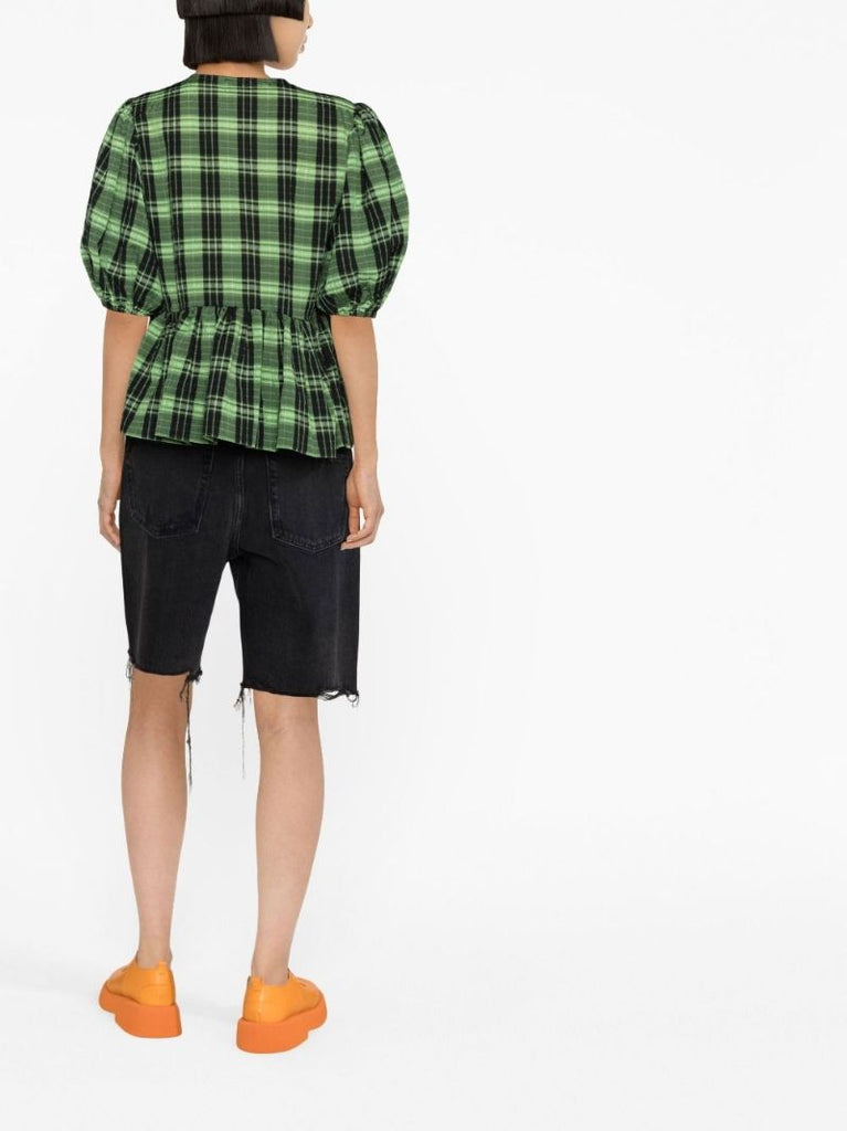 Green Check Seersucker Wrap Blouse
