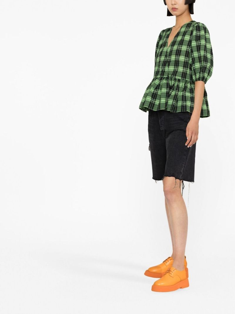 Green Check Seersucker Wrap Blouse