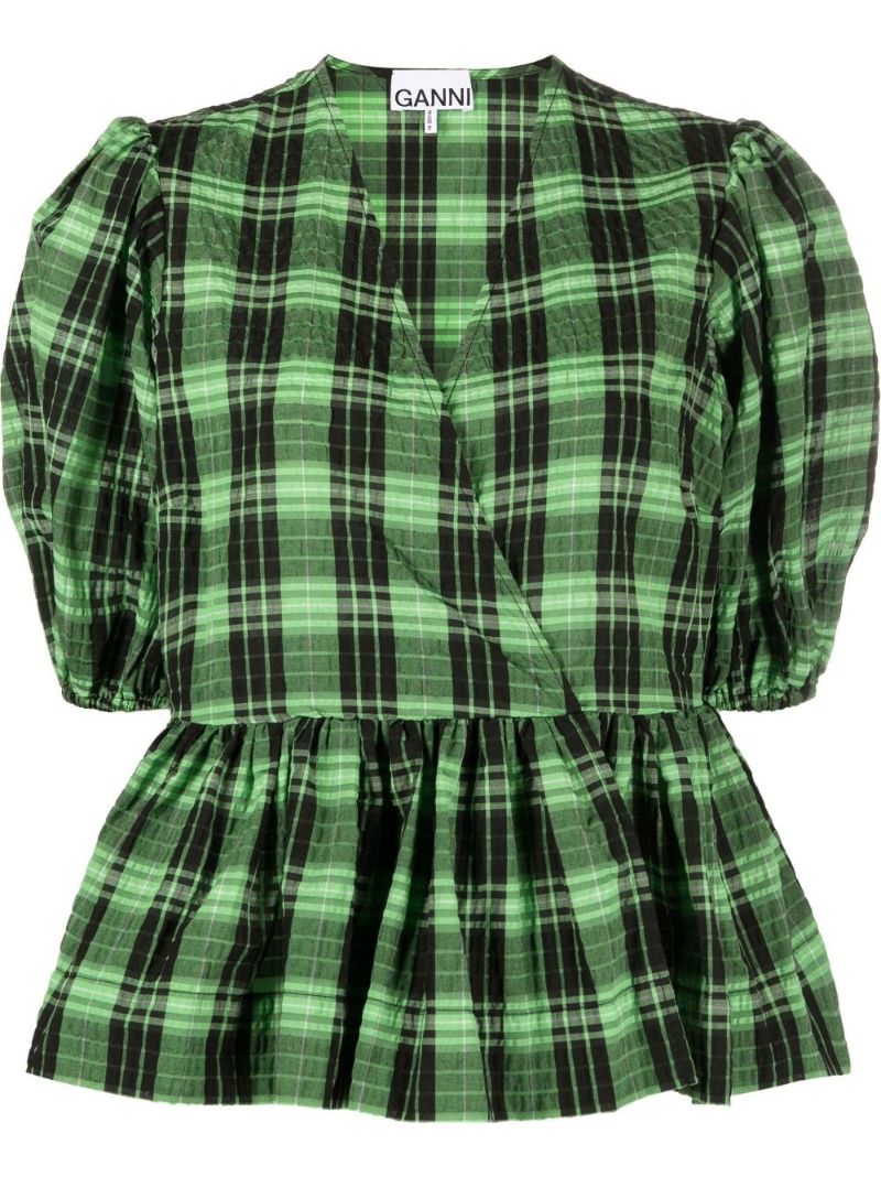 Green Check Seersucker Wrap Blouse