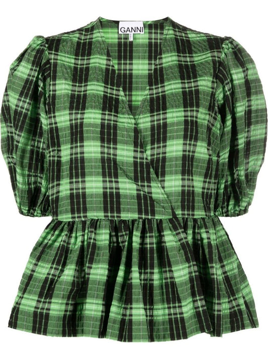 Green Check Seersucker Wrap Blouse