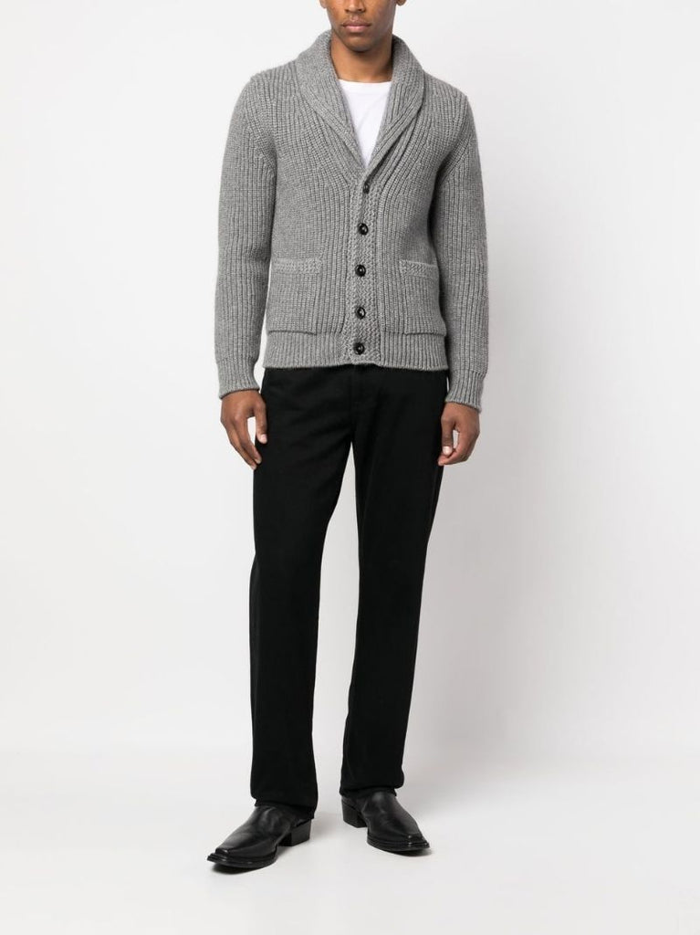 Grey Ribbed Knit Shawl Cardigan