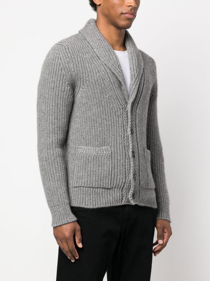 Grey Ribbed Knit Shawl Cardigan
