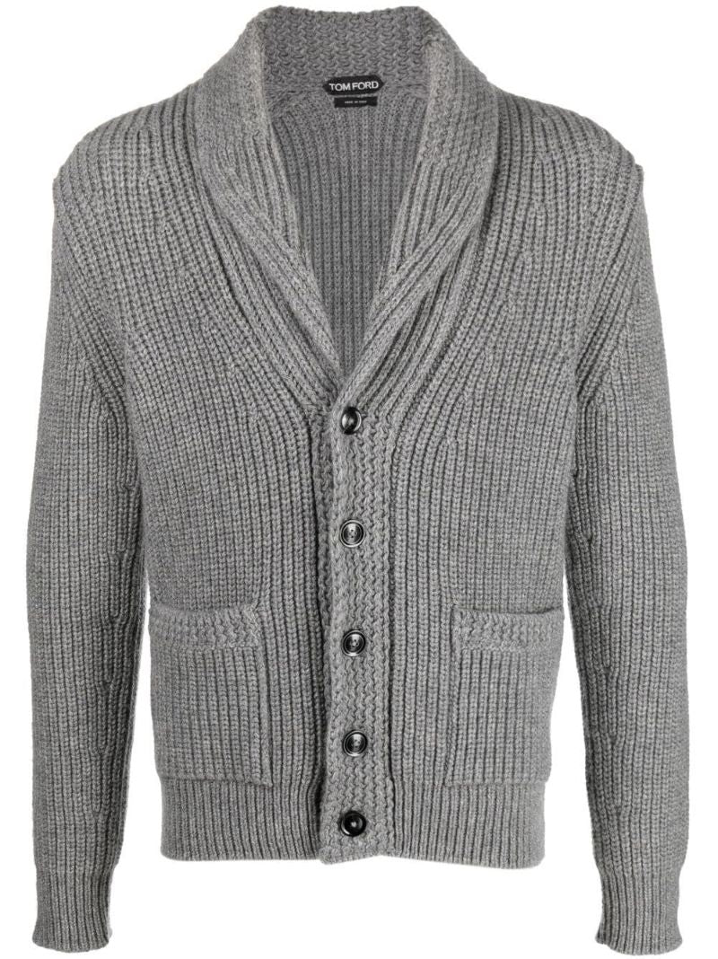 Grey Ribbed Knit Shawl Cardigan