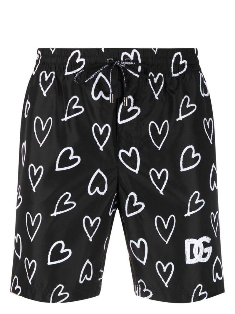 Black Heart Print Swim Shorts