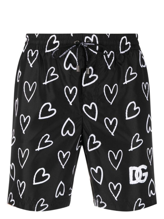Black Heart Print Swim Shorts