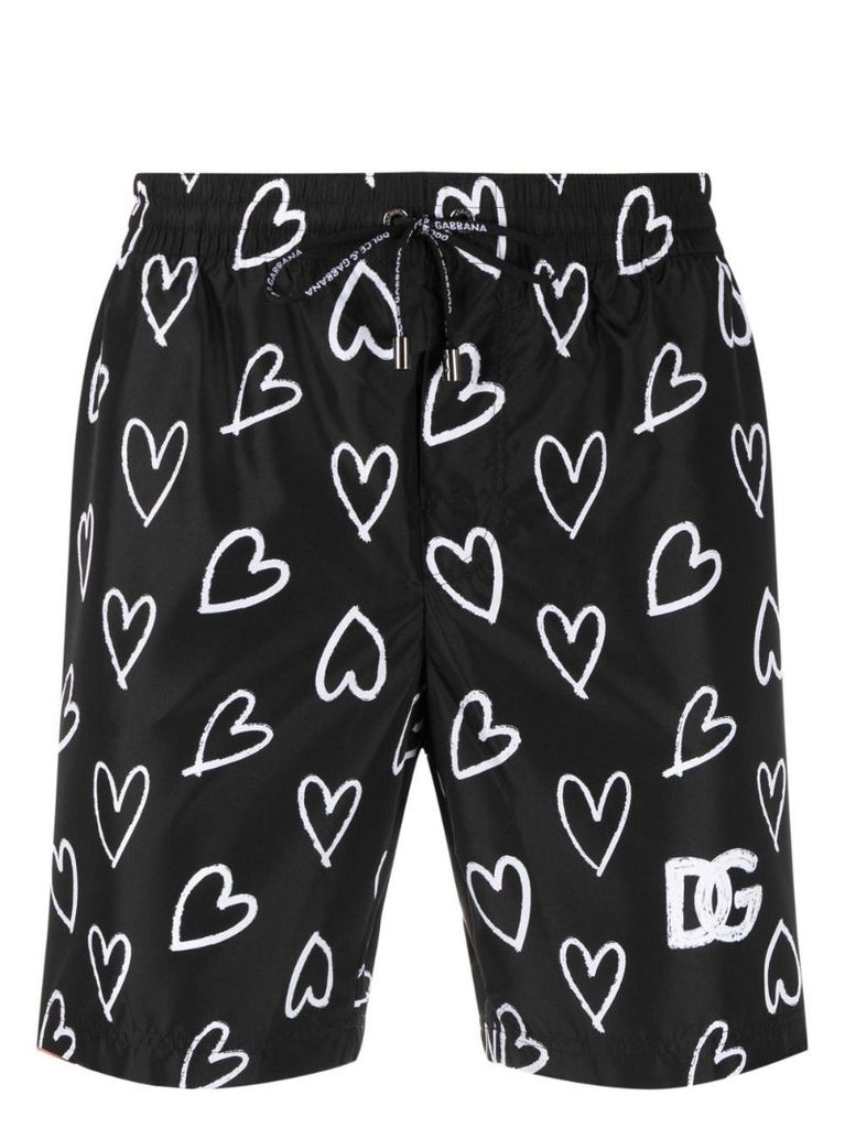 Black Heart Print Swim Shorts