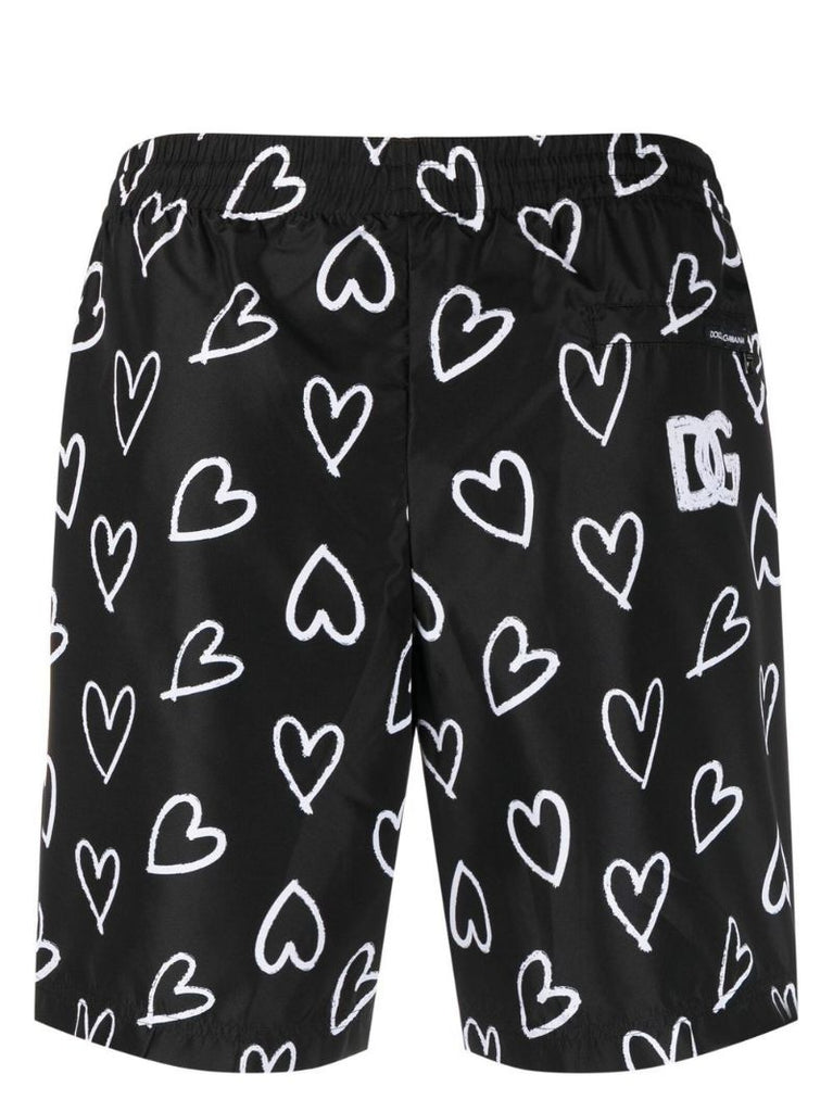 Black Heart Print Swim Shorts