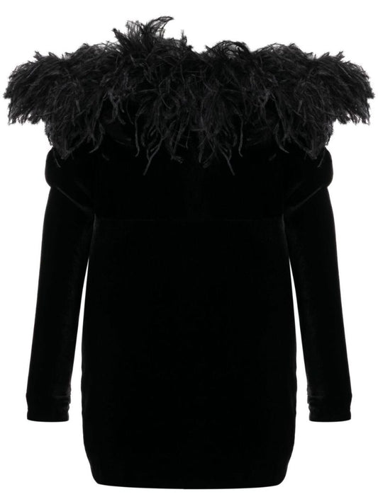 Black Feather-trim Velvet Mini Dress