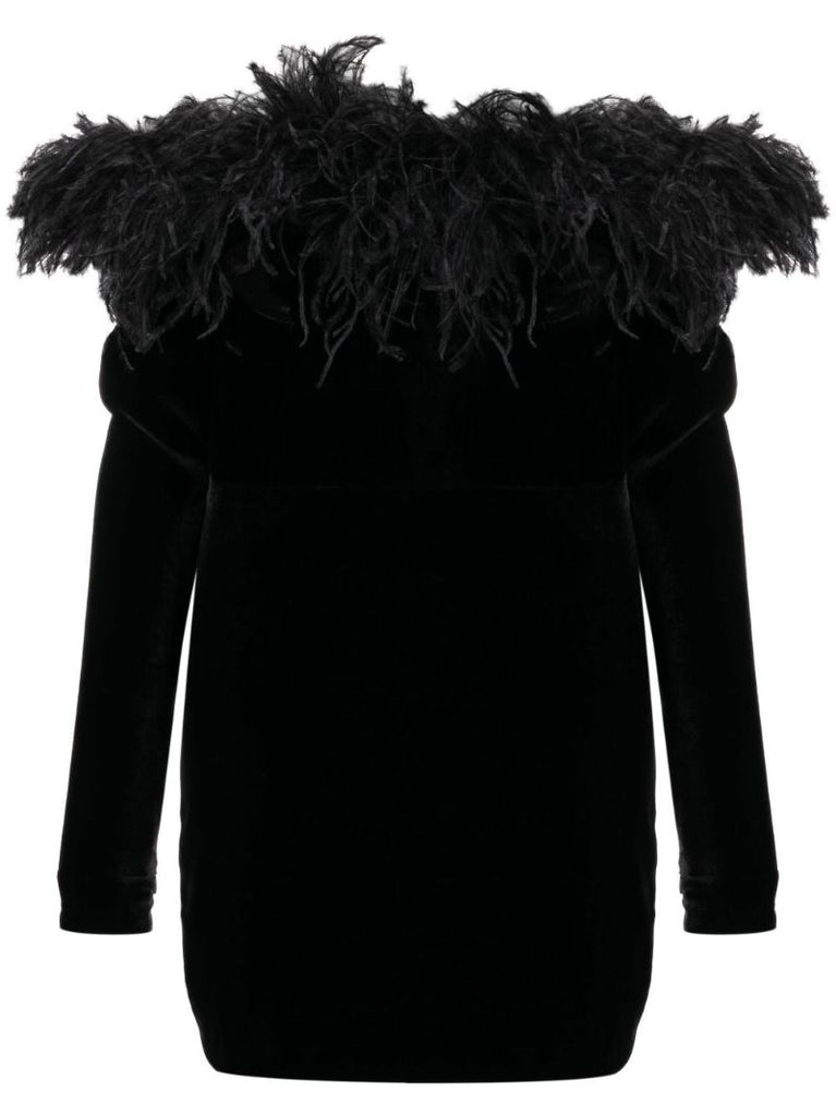 Black Feather-trim Velvet Mini Dress