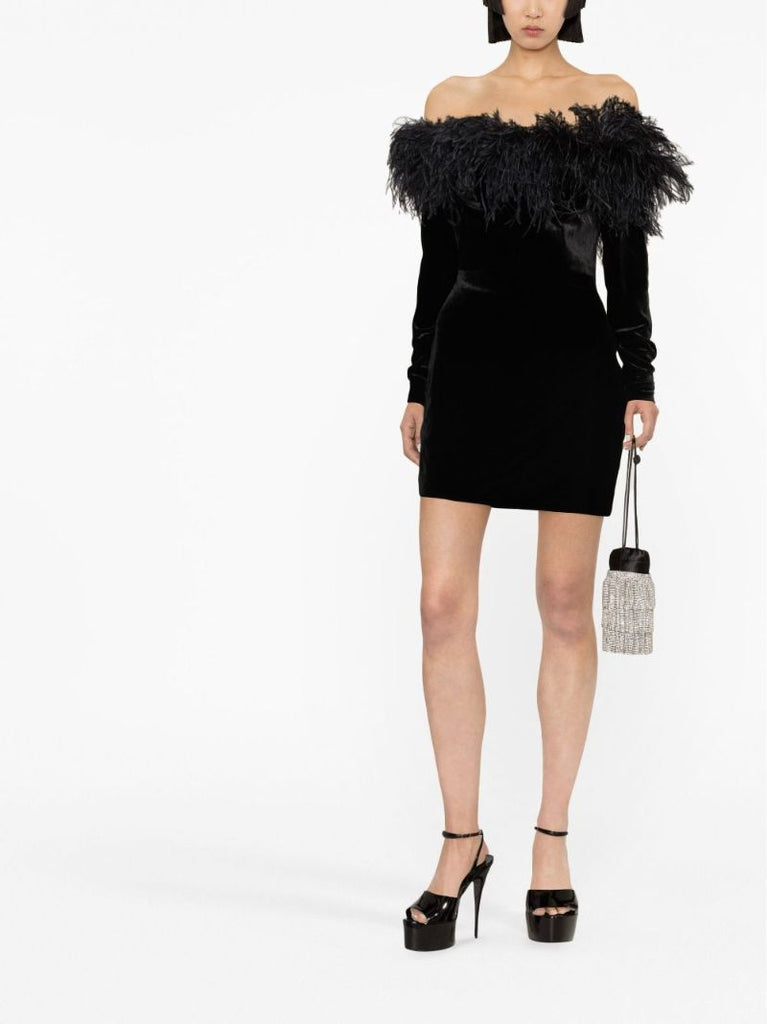Black Feather-trim Velvet Mini Dress