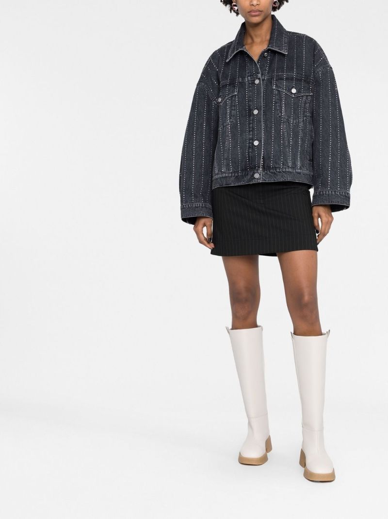 Black Crystal-embellished Pinstriped Denim Jacket