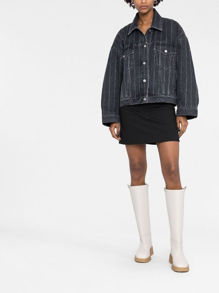 Black Crystal-embellished Pinstriped Denim Jacket