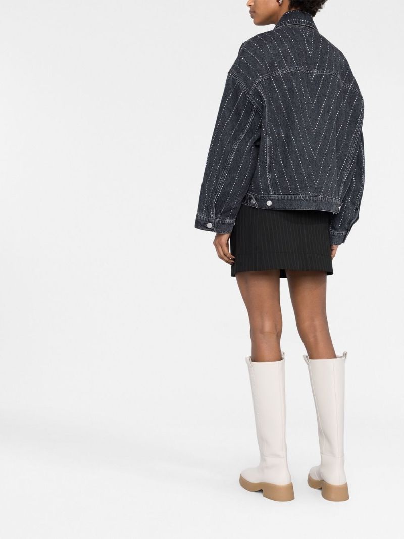 Black Crystal-embellished Pinstriped Denim Jacket
