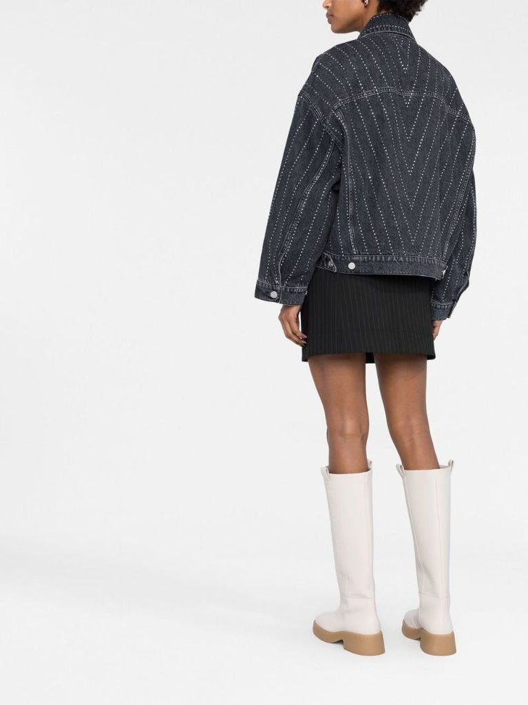 Black Crystal-embellished Pinstriped Denim Jacket
