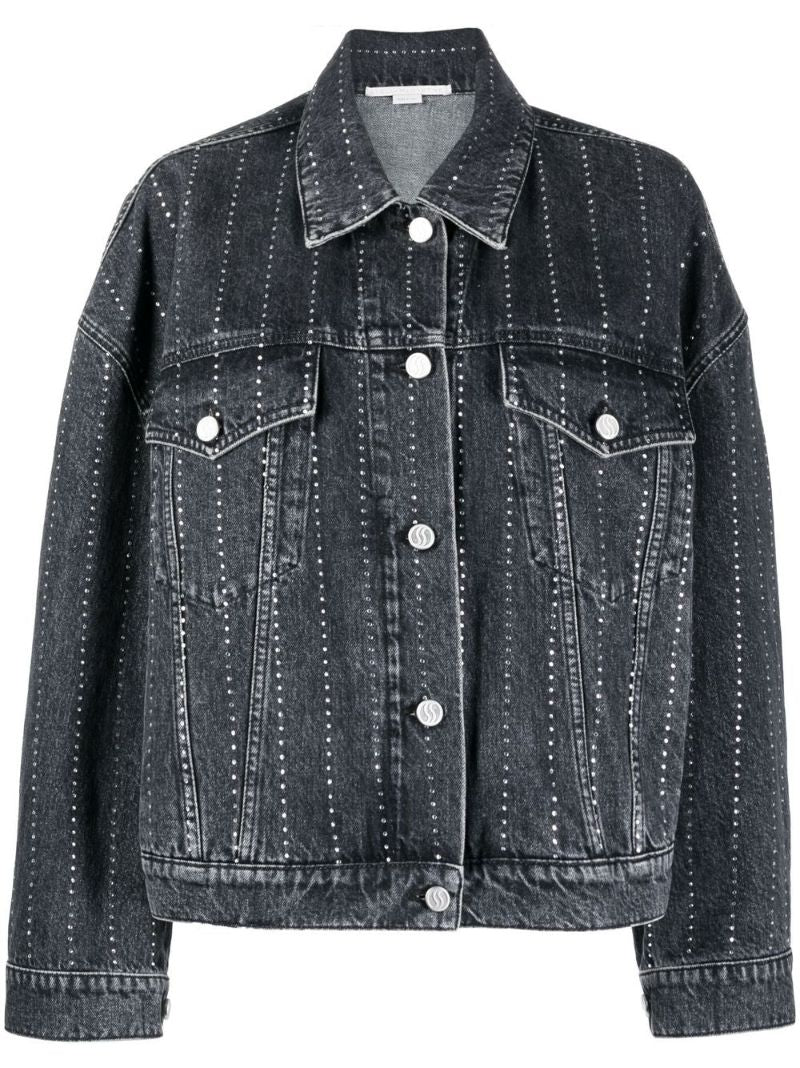 Black Crystal-embellished Pinstriped Denim Jacket