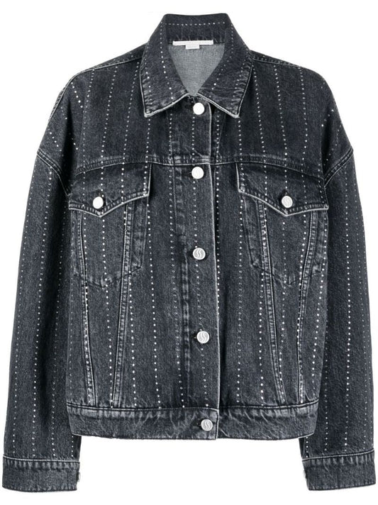 Black Crystal-embellished Pinstriped Denim Jacket