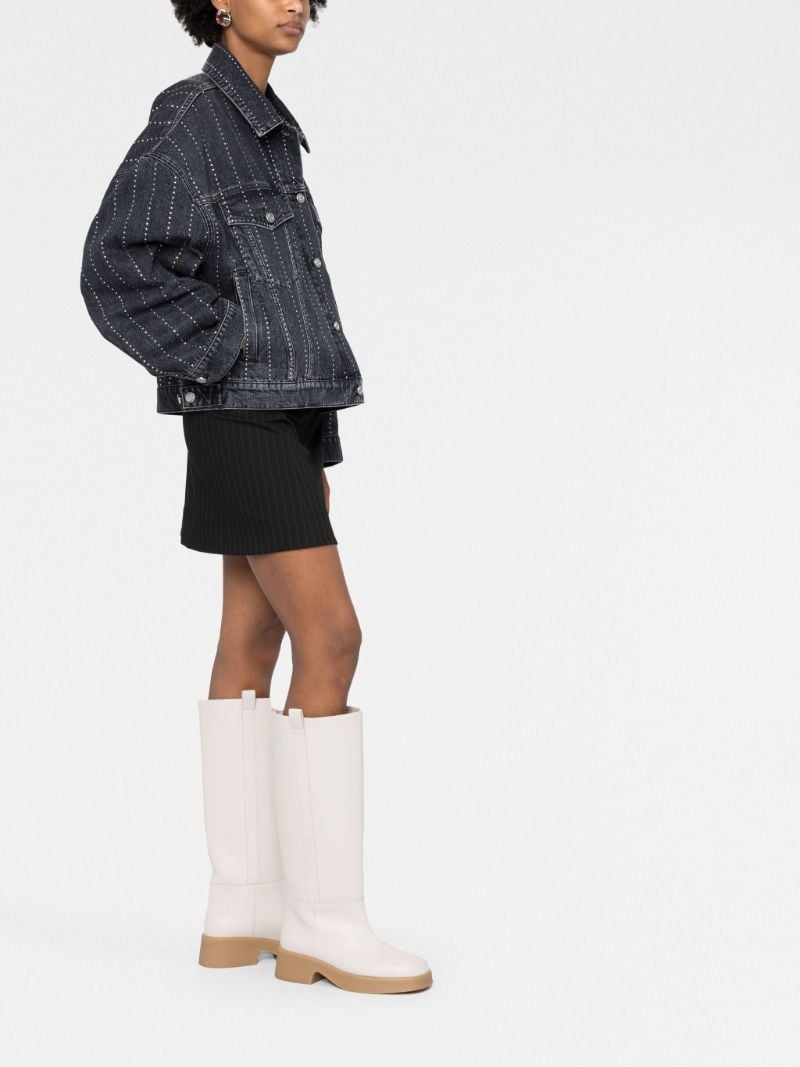 Black Crystal-embellished Pinstriped Denim Jacket