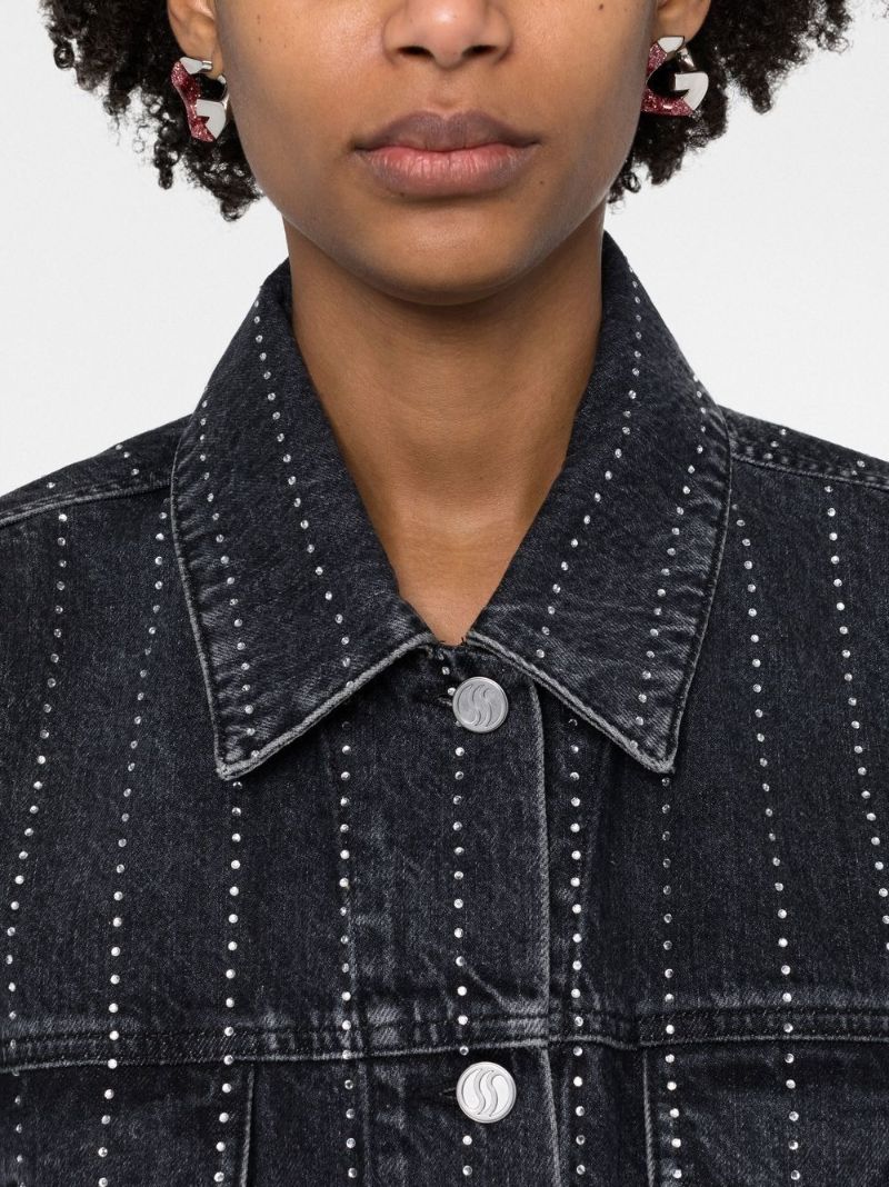 Black Crystal-embellished Pinstriped Denim Jacket
