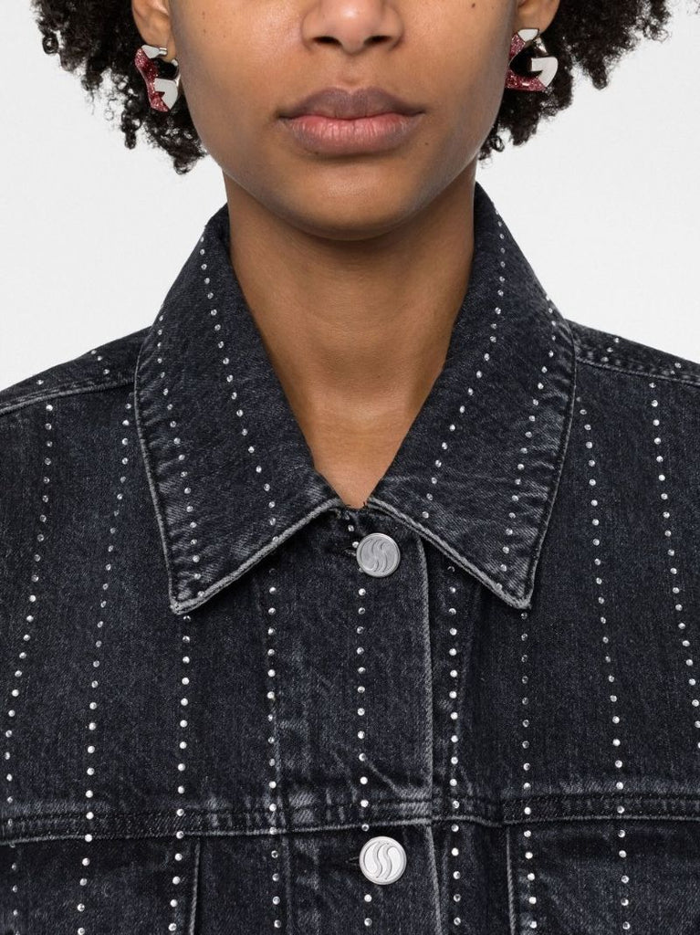 Black Crystal-embellished Pinstriped Denim Jacket