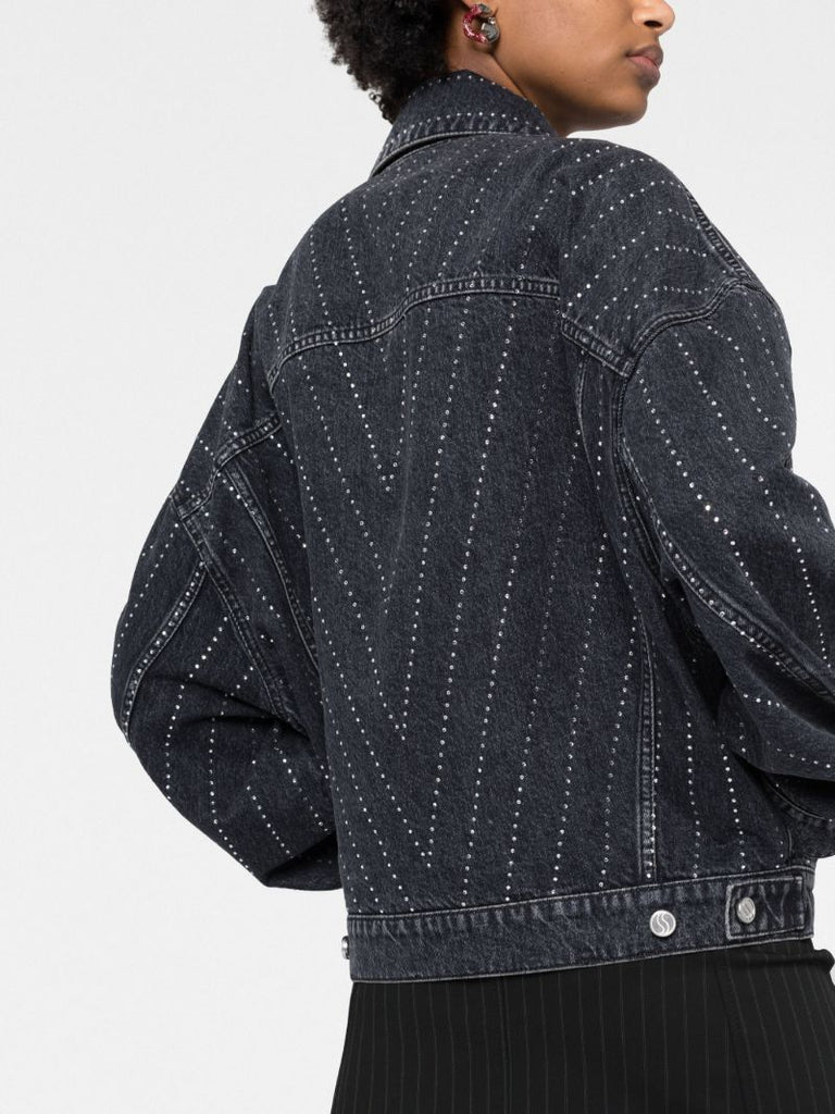 Black Crystal-embellished Pinstriped Denim Jacket